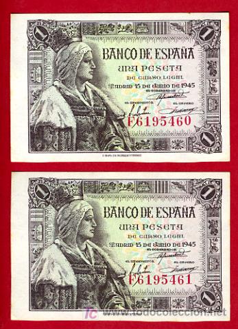 Spanish Banknotes: PAREJA DE BILLETES CORRELATIVOS DE 1 PESETA 1945, PLANCHA, SERIE F , T460 461