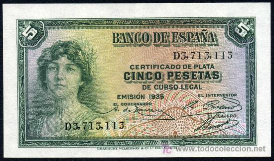 Billetes espa&ntilde;oles: 5 Pesetas 1935  Serie D  S/C Plancha