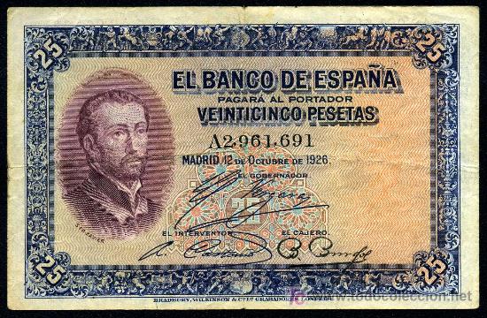 Billetes espa&ntilde;oles: 25 Pesetas 1926  Serie A  MBC+/EBC-