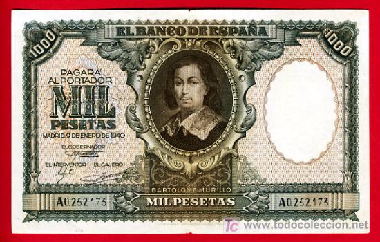 BILLETE 1000 PESETAS 1940 ENERO , MURILLO , MBC+ , SERIE A , T173 (Numismática - Notafilia - Billetes Españoles)