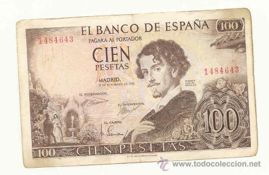 Billetes espa&ntilde;oles: BILLETE DE 100 PTAS BECQUER 1965, SIN SERIE MBC - Foto 1