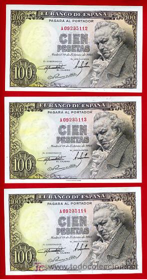 TRIO BILLETES 100 PESETAS 1946 GOYA EBC+ CORRELATIVOS , SERIE A , T113 (Numismática - Notafilia - Billetes Españoles)