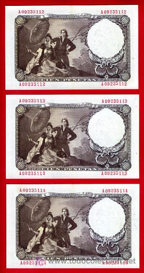 Billetes españoles: TRIO BILLETES 100 PESETAS 1946 GOYA EBC+ CORRELATIVOS , SERIE A , T113 - Foto 2 - 26822804