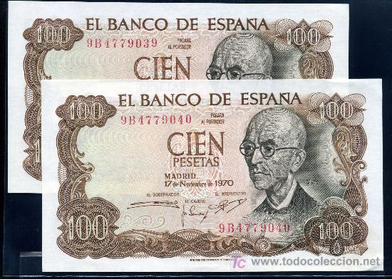Billetes espa&ntilde;oles: PAREJA CORRELATIVA PLANCHA 100 PTAS 1970 - SERIE ESPECIAL 9B