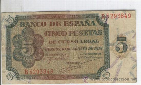 Billetes espa&ntilde;oles: BANCO DE ESPA&Ntilde;A.GUERRA CIVIL ESPA&Ntilde;OLA.10-08-1938.5 PESETAS.BURGOS. SERIE B.