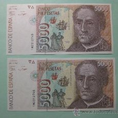Billetes españoles: 5000 PESETAS 1992 - CRISTOBAL COLON PAREJA CORRELATIVA SIN CIRCULAR - SERIE 1M