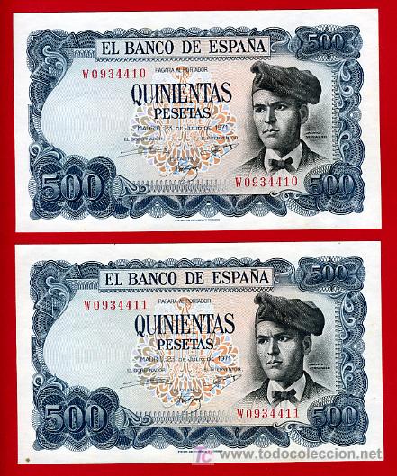 Billets espagnols: PAREJA BILLETES 500 PESETAS 1971 , PLANCHA ,SERIE W , T410-411