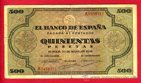 BILLETE 500 PESETAS 1938 , MBC , SERIE A , T712 (Numismática - Notafilia - Billetes Españoles)