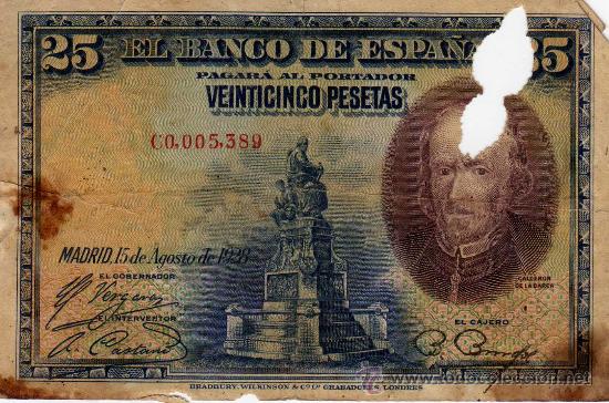 Billetes espa&ntilde;oles: BILLETE 25 PESETAS CALDERON DE LA BARCA A&Ntilde;O 1928 ROTO Y MANCHADO