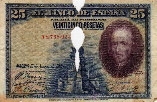 Billetes espa&ntilde;oles: BILLETE 25 PESETAS CALDERON DE LA BARCA A&Ntilde;O 1928 ROTO COMO EN LA FOTO