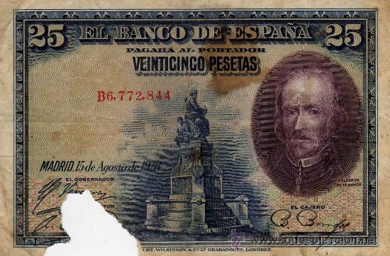 Billetes espa&ntilde;oles: BILLETE DE 25 PESETAS A&Ntilde;O 1928 CALDER&Oacute;N DE LA BARCA TAL Y COMO SALE EN LA FOTO ALGUNA MANCHA