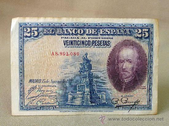 Billetes espa&ntilde;oles: BILLETE 25 PESETAS, 1928, SERIE A, CALDERON DE LA BARCA