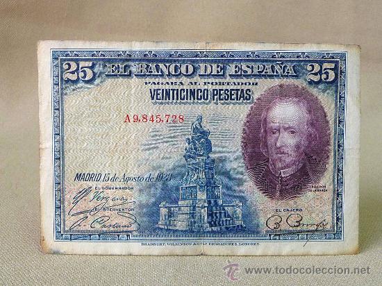Billetes espa&ntilde;oles: BILLETE 25 PESETAS, 1928, SERIE A, CALDERON DE LA BARCA