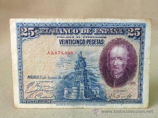 Billetes espa&ntilde;oles: BILLETE 25 PESETAS, 1928, SERIE A, CALDERON DE LA BARCA
