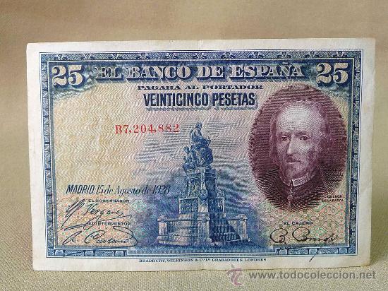 Billetes espa&ntilde;oles: BILLETE 25 PESETAS, 1928, SERIE B, CALDERON DE LA BARCA