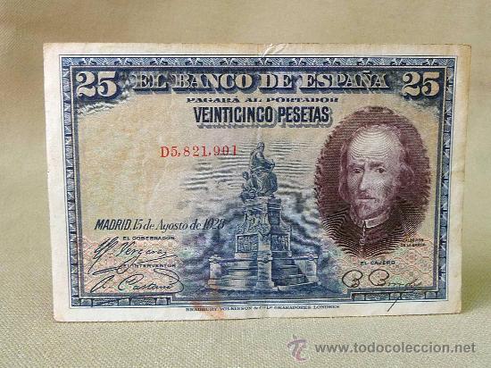 Billetes espa&ntilde;oles: BILLETE 25 PESETAS, 1928, SERIE D, CALDERON DE LA BARCA