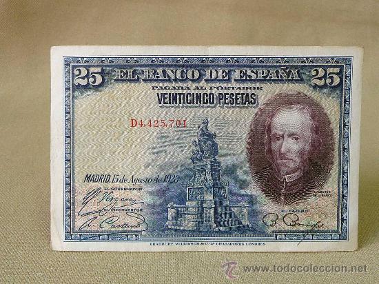 Billetes espa&ntilde;oles: BILLETE 25 PESETAS, 1928, SERIE D, CALDERON DE LA BARCA