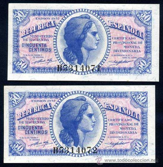 Billetes espa&ntilde;oles: Pareja 50 Centimos 1937 Serie B S/C Plancha