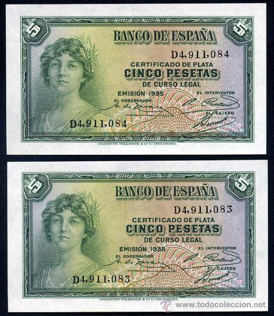 Notas espanholas: Pareja 5 Pesetas 1935 Serie D S/C Plancha
