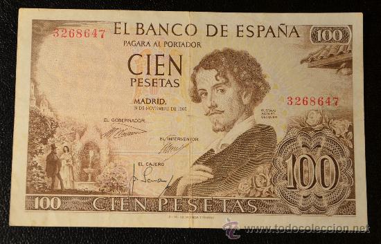 Banconote spagnole: 100 PESETAS 19 NOVIEMBRE 1965 / BECQUER / MBC+ / SIN SERIE