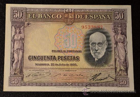 Billetes espa&ntilde;oles: 50 PESETAS 22 JULIO 1935 / RAMON Y CAJAL / EBC++ O SC-