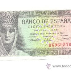 Billetes españoles: NS- SIN CIRCULAR PRECIOSAS 5 PESETAS 13-2-1943 SERIE D PRECIO CATÁLOGO: 170 EUROS.. Lote 31110282