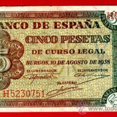 Billetes españoles: BILLETE 5 PESETAS BURGOS 1938 , MBC+ , SERIE H , ORIGINAL ,T751