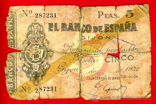 Billetes espa&ntilde;oles: BILLETE BANCO GIJON , 5 PESETAS 1936 , BC- , ORIGINAL ,T231
