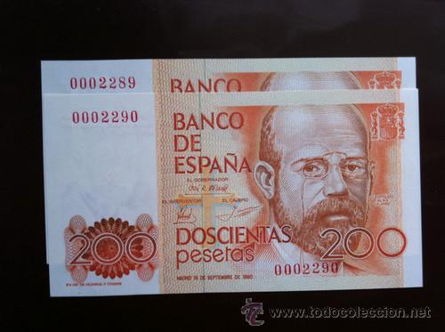 Billetes espa&ntilde;oles: PAREJA 200 PESETAS 1980 SIN SERIE SC NUMERACION BAJISIMA