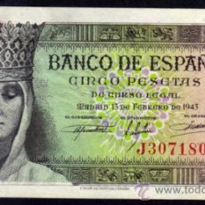 Billetes españoles: BILLETE ESPAÑA - 5 PESETAS - MADRID 13 DE FEBRERO DE 1943 - ISABEL LA CATOLICA - SERIE-J. Lote 36601411