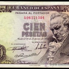 Billetes españoles: BILLETE ESPAÑA - 100 PESETAS - MADRID 19 DE FEBRERO DE 1946 - CABEZA DE FRANCISCO GOYA - SERIE-A. Lote 36601438