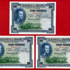 Billetes españoles: TRIO , 3 BILLETES 100 PESETAS 1925 , PLANCHA , SERIE F , ORIGINAL , T679