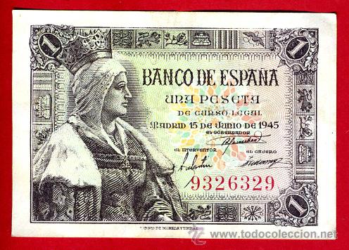 Billetes espa&ntilde;oles: BILLETE 1 PESETA 1945 , MBC , OJO SIN SERIE , ORIGINAL , T329