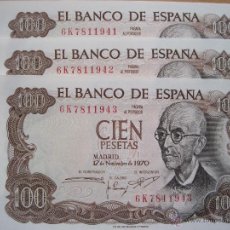 Billetes españoles: BILLETE DE 100 PESETAS 1970 PLANCHA TRIO CORRELATIVO. Lote 39872880