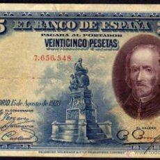 Billetes españoles: RARISIMO BILLETE ESPAÑA - 25 PESETAS - MADRID, 15 AGOSTO 1928 - SIN SERIE - SELLO EN SECO DE BURGOS. Lote 39905619