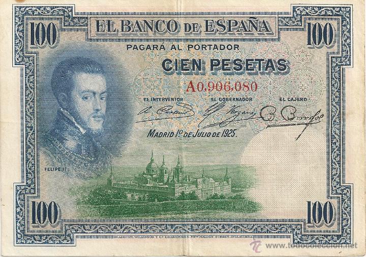 Billetes espa&ntilde;oles: 100 pesetas de 1925 serie A-080 raro - Foto 1