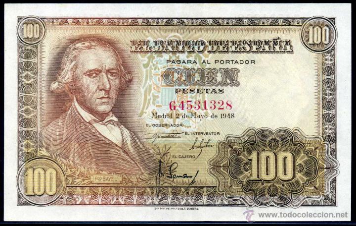 Billetes espa&ntilde;oles: 100 Pesetas 1948 - Serie G - EBC+ Unica Marca Central