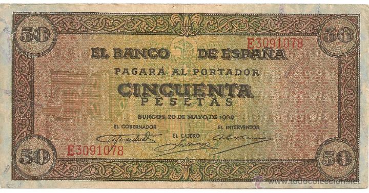 Billetes espa&ntilde;oles: 50 pesetas de 1938 serie E-078 EBC - Foto 1