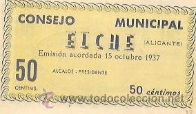 Billetes espa&ntilde;oles: BILLETE DE 50 CENTIMOS. 1937. ELCHE - Foto 1