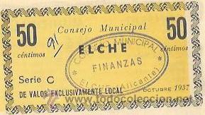 Billetes espa&ntilde;oles: BILLETE DE 50 CENTIMOS. 1937. ELCHE - Foto 2