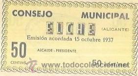 Billetes espa&ntilde;oles: BILLETE DE 50 CENTIMOS. 1937. ELCHE - Foto 1