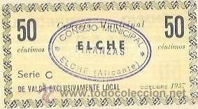 Billetes espa&ntilde;oles: BILLETE DE 50 CENTIMOS. 1937. ELCHE - Foto 2
