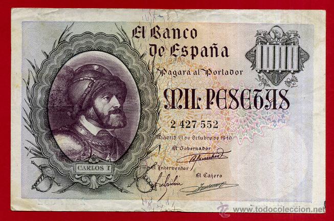 Billetes españoles: BILLETE 1000 PESETAS OCTUBRE 1940 , MBC+ , SIN SERIE , ORIGINAL ,T552 - Foto 1 - 53744693