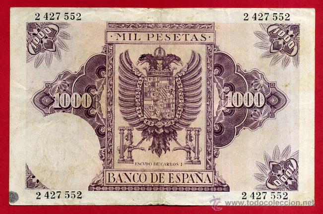Billetes españoles: BILLETE 1000 PESETAS OCTUBRE 1940 , MBC+ , SIN SERIE , ORIGINAL ,T552 - Foto 2 - 53744693