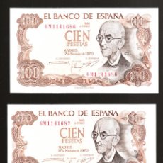 Billetes españoles: PAREJA DE BILLETES CORRELATIVOS CIEN PESETAS 1970 SERIE 6M PLANCHA. Lote 54883422