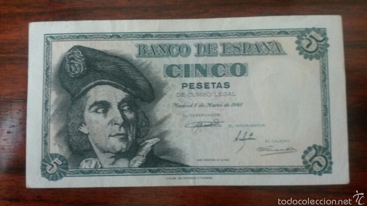 Billetes espa&ntilde;oles: 5 PESETAS 1948 SERIE C EBC