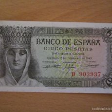 Billetes españoles: 5 PESETAS DE 1943 SERIE D-937 PRECIOSO (PLANCHA)