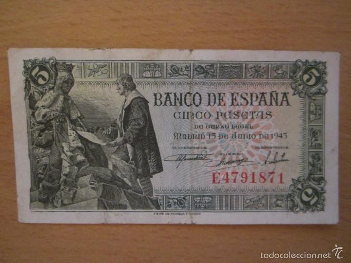 Billetes espa&ntilde;oles: 5 pesetas de 1945 serie E-871 - Foto 1