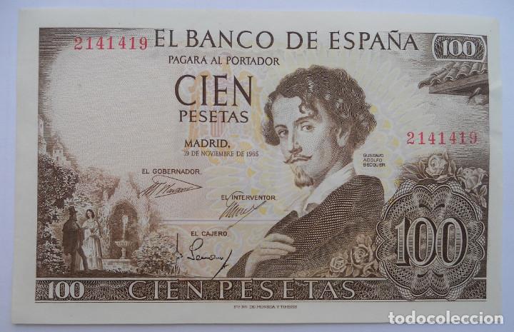 Billetes espa&ntilde;oles: 100 PESETAS - 19 DE NOVIEMBRE DE 1965 - B&Eacute;CQUER - SIN SERIE - CASI PERFECTO - CASI CAPIC&Uacute;A