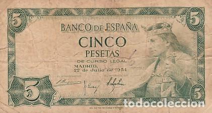 Spanische Banknoten: 5 PESETAS- 22 DE JULIO DE 1954